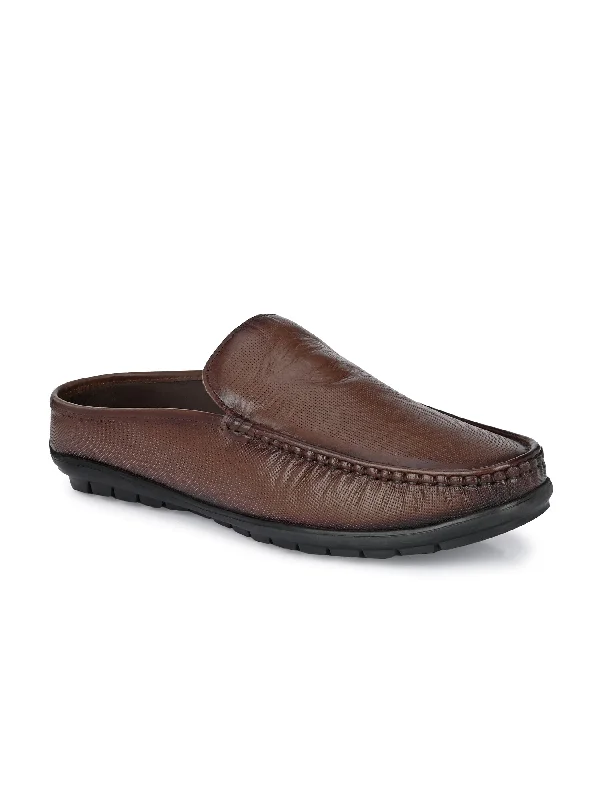 Hitz Men's Brown Leather Half Shoes Flat Mule Loafers